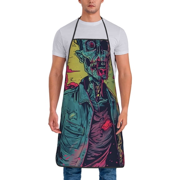 Xecao Neon Zombie Skull Print Funny BBQ Chef Aprons for Men Women,Adjustable Kitchen Cooking Aprons with Pocket Waterproof Oil Proof No Pilling Fading