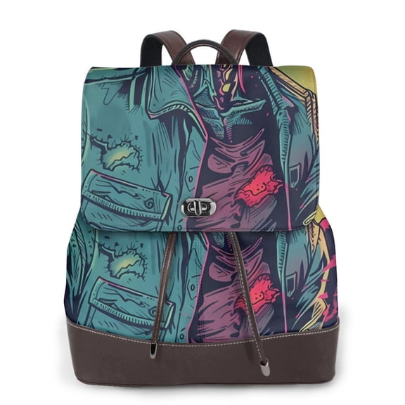 Xecao Neon Zombie Skull Print Large Backpack Soft Leather for Women Travel with Compartment, Adjustable Convertible Strap