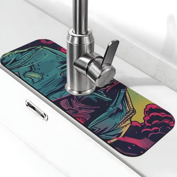 Xecao Neon Zombie Skull for Kitchen Sink Splash Guard Faucet Mat , Faucet Guard & Draining mat, (15" X 5.5" )