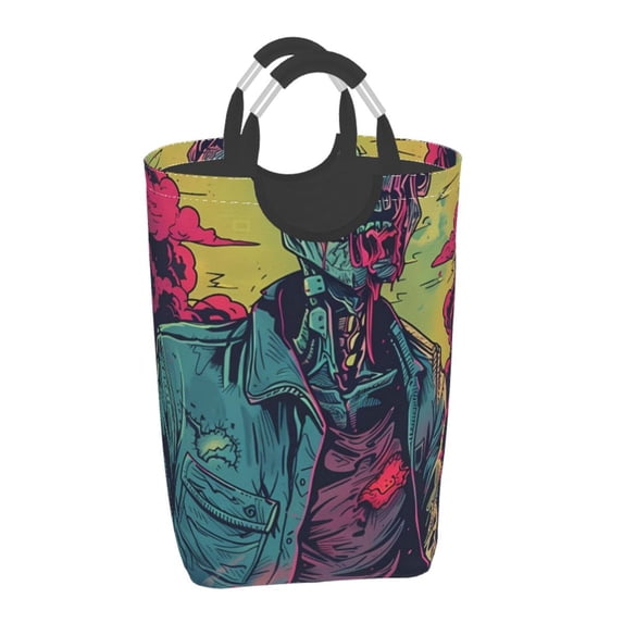Xecao Neon Zombie Skull for Laundry Basket,Collapsible Large Laundry Hamper,Wash Bag for Laundry Room, Rolling Laundry Basket with Handles