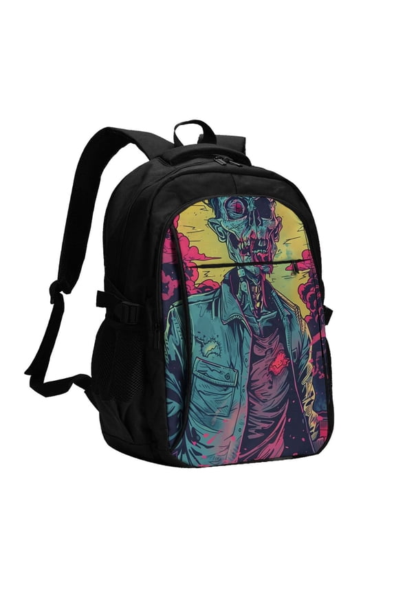 Neon Zombie Skull for Travel Laptop Backpack, USB-Charging-Enabled, Spacious Business Backpack for Men and Women,College School Computer Bag