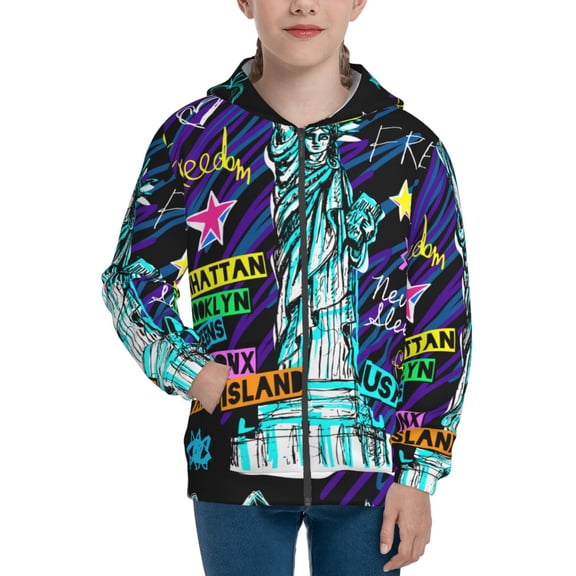 Xecao New York City Pattern Zip Up Hoodies for Boys Girls, Sweatshirt with Pockets-Small