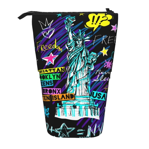 Xecao New York City Print Telescopic Pencil Bag Pen Holder Pop Up Stationery Case Stand-up Retractable Transformer Bag Standing Organizer
