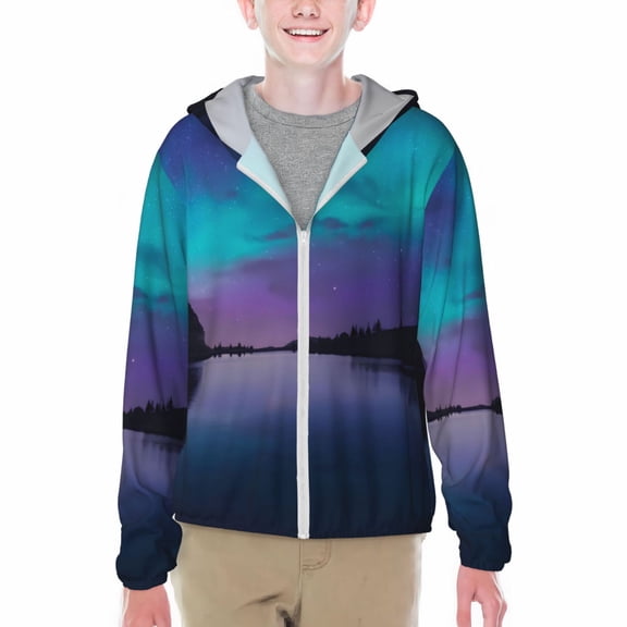 Xecao Night At Lake Aurora Print Fishing Shirts for teenager Long Sleeve UV Sun Protection Hoodie with Zipper Outdoor Hiking Shirts-Medium