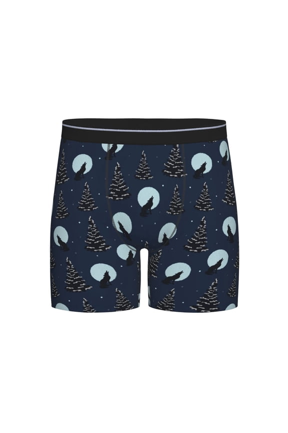 Night Forest Wolf Print Boxer Briefs for Men's Stretch Moisture-Wicking Underwear, Mid-Rise Classics breathable fabric