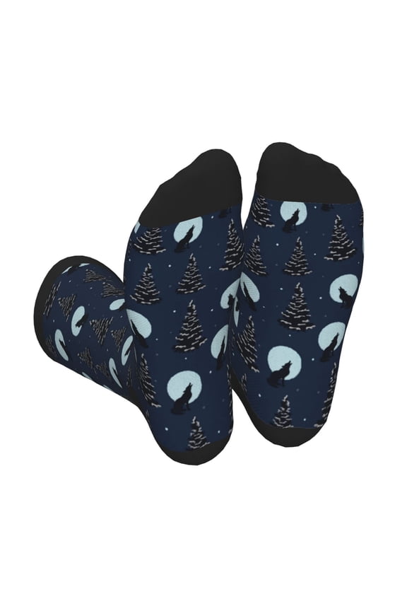 Night Forest Wolf Print Crew Socks for Men and Women, Men's Soft Moisture-wicking Sock
