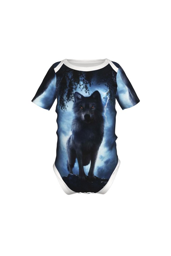 Night Scene of Wolves Pattern Baby Climbing Bodysuit Short Sleeve Onesie Unisex 0-12 Months Baby Shirt Newborn Outfits Crotch snap design-9M