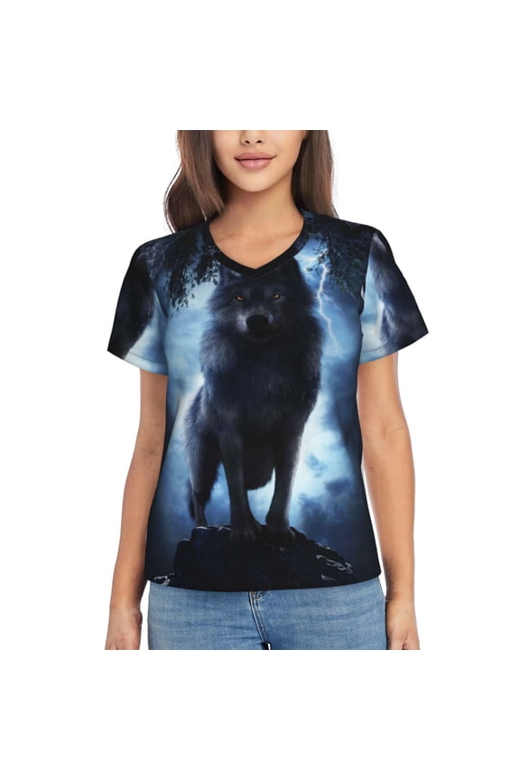 Night Scene of Wolves for Women's V-Neck T-Shirts-Elegant Half-Sleeve Tops Perfect for Summer-Small