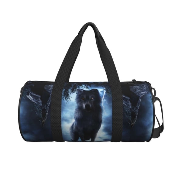 Xecao Night Scene of Wolves print Round Travel Duffel Bag is a foldable gym bag with an inner pocket, perfect for travel sports