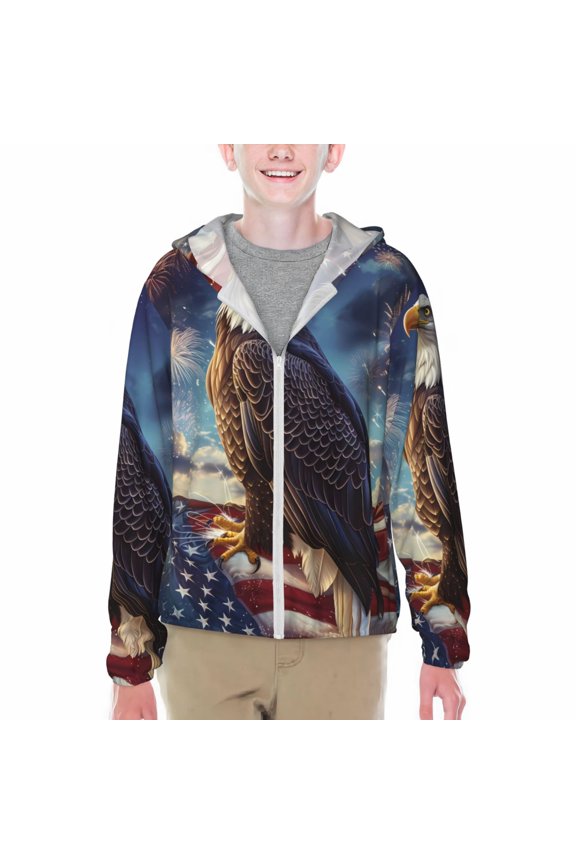 Night Sky Bald Eagle Print Fishing Shirts for teenager Long Sleeve UV Sun Protection Hoodie with Zipper Outdoor Hiking Shirts-Medium