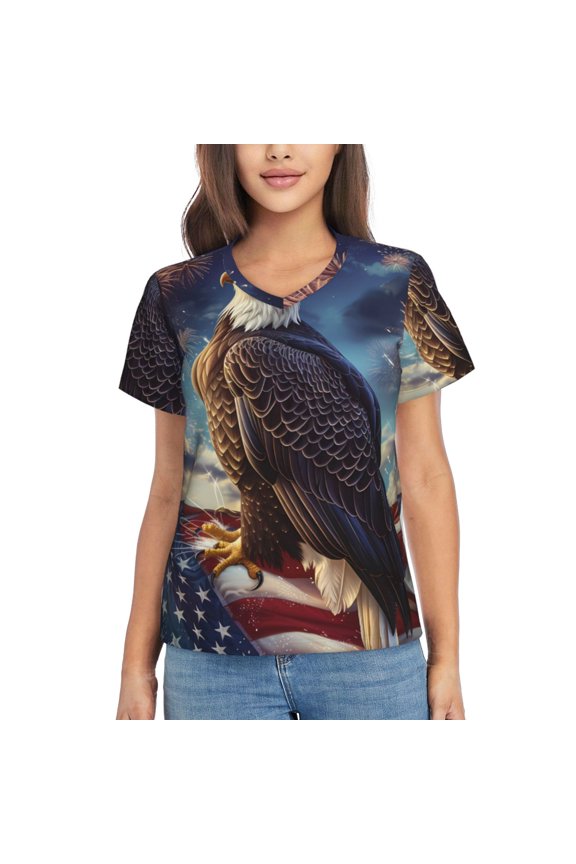 Night Sky Bald Eagle for Women's V-Neck T-Shirts-Elegant Half-Sleeve Tops Perfect for Summer-3X-Large