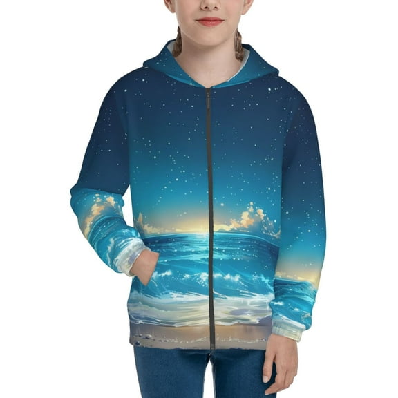 Xecao Night Sky Beach Scene Pattern Zip Up Hoodies for Boys Girls, Sweatshirt with Pockets-Small