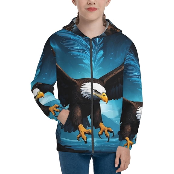 Xecao Night Sky Forest Bald Eagle Pattern Zip Up Hoodies for Boys Girls, Sweatshirt with Pockets-