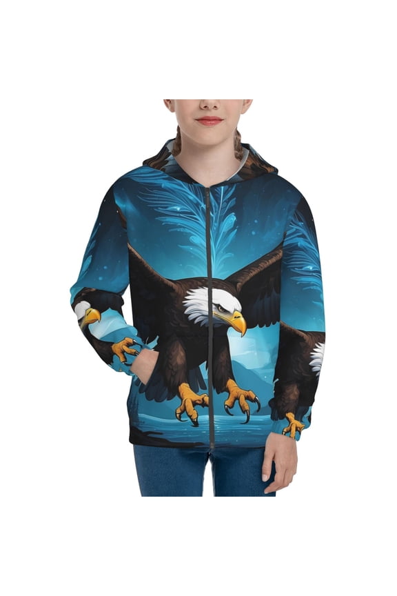 Night Sky Forest Bald Eagle Pattern Zip Up Hoodies for Boys Girls, Sweatshirt with Pockets-