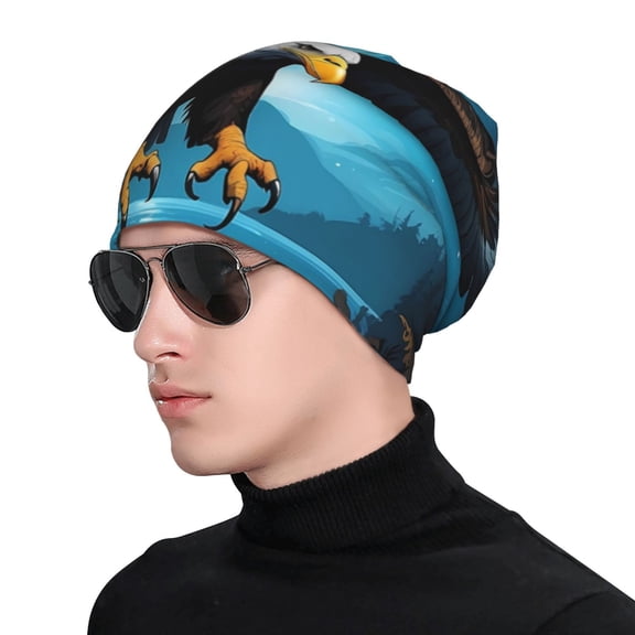 Xecao Night Sky Forest Bald Eagle Print Beanie Knitted Hat for Men Women, Winter Fashion Knit Cuffed Caps Unisex