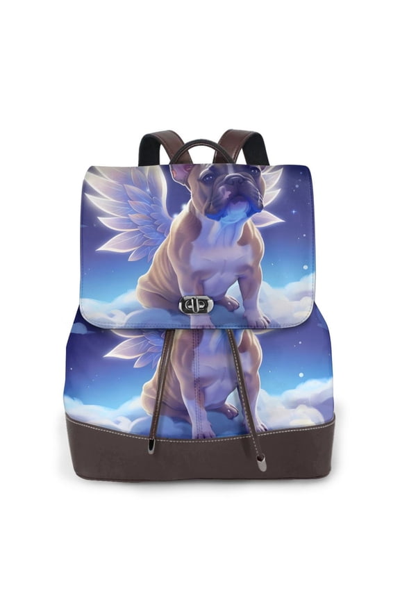 Night Sky Winged French Bulldog Print Large Backpack Soft Leather for Women Travel with Compartment, Adjustable Convertible Strap