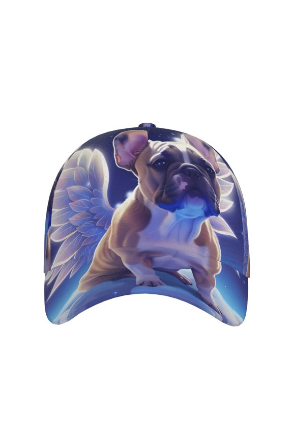 Night Sky Winged French Bulldog for Baseball Cap: Unisex, crafted from classic polyester twill fabric, featuring a soft unconstructed design