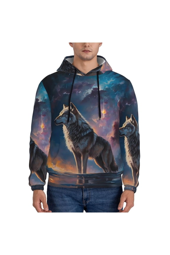 Night Sky Wolf Pattern Men's Adult Pullover Hoodie,Hooded Sweatshirt-4X-Large