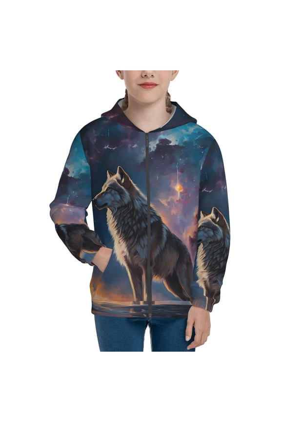 Night Sky Wolf Pattern Zip Up Hoodies for Boys Girls, Sweatshirt with Pockets-Small