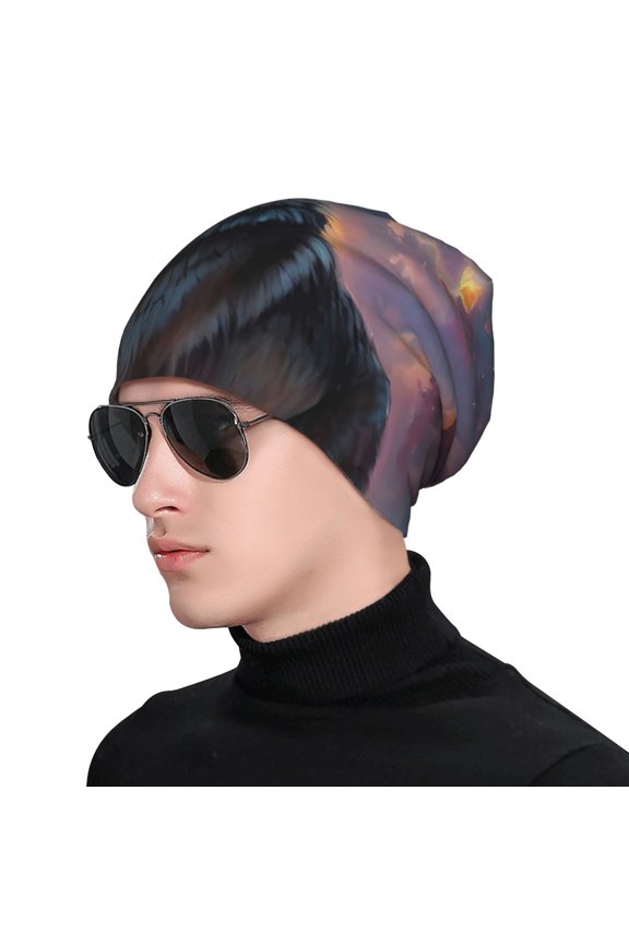 Night Sky Wolf Print Beanie Knitted Hat for Men Women, Winter Fashion Knit Cuffed Caps Unisex