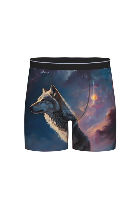 Night Sky Wolf Print Boxer Briefs for Men's Stretch Moisture-Wicking Underwear, Mid-Rise Classics breathable fabric