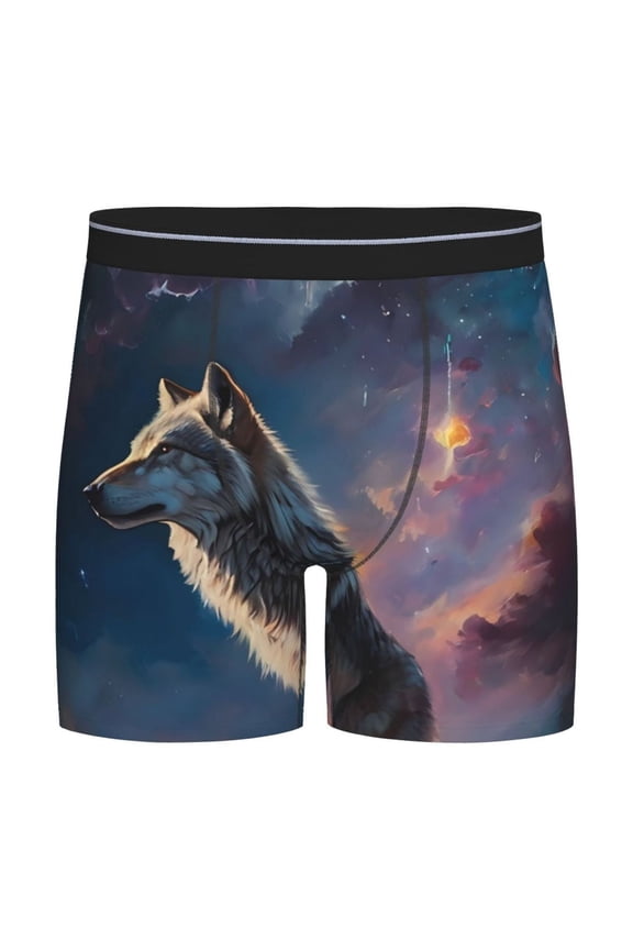Night Sky Wolf Print Boxer Briefs for Men's Stretch Moisture-Wicking Underwear, Mid-Rise Classics breathable fabric