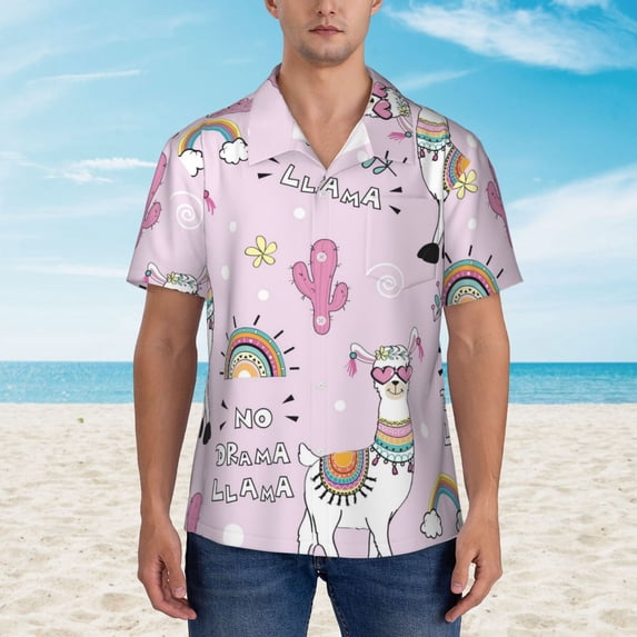 Xecao No Drama Llama print Hawaiian shirt - a stylish short-sleeve button-down for men, perfect for casual beach and tropical outings.