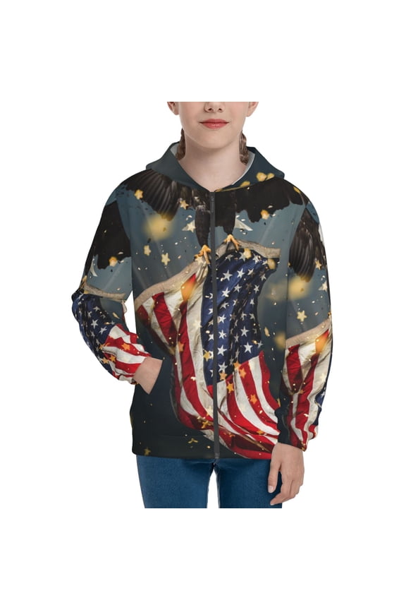 North American Bald Eagle1 Pattern Zip Up Hoodies for Boys Girls, Sweatshirt with Pockets-Medium