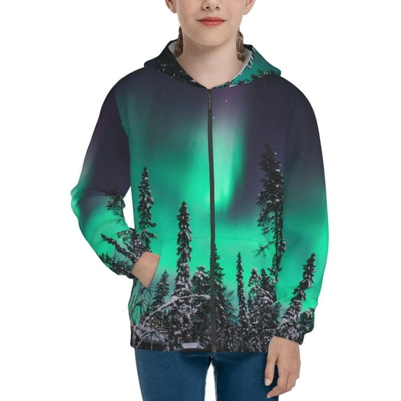 Xecao Northern Lights 2 Pattern Zip Up Hoodies for Boys Girls, Sweatshirt with Pockets-Medium