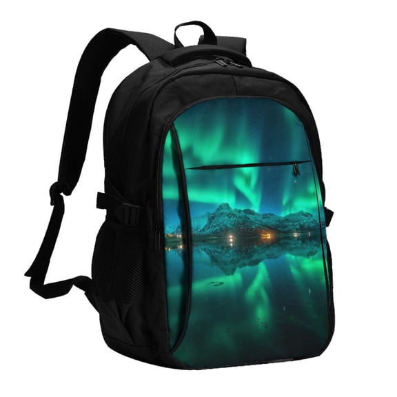Xecao Northern Lights for Travel Laptop Backpack, USB-Charging-Enabled, Spacious Business Backpack for Men and Women,College School Computer Bag