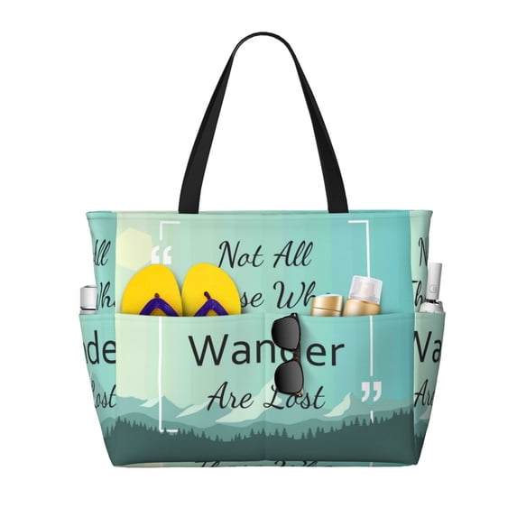Xecao Not All Those Who Wander Are Lost1 for versatile beach bag for women includes zipper pockets and waterproof material, ideal for vacations and adventures.