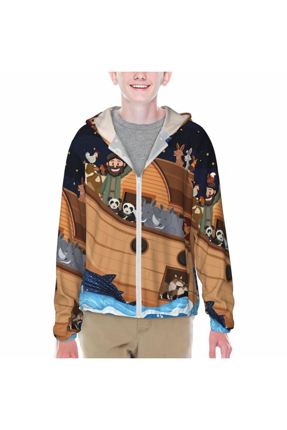 Ocean Scene with Noah's Ark Print Fishing Shirts for teenager Long Sleeve UV Sun Protection Hoodie with Zipper Outdoor Hiking Shirts-XX-Large