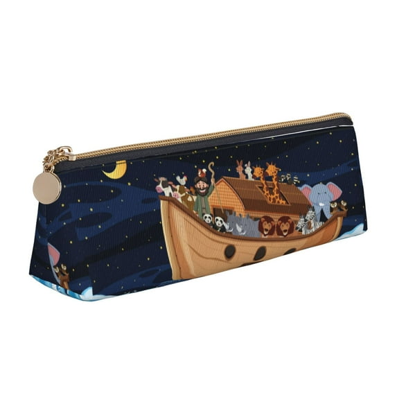 Xecao Ocean Scene with Noah's Ark Print Leather Pencil Case -Stationery Bag Pen Holder for Work & Office