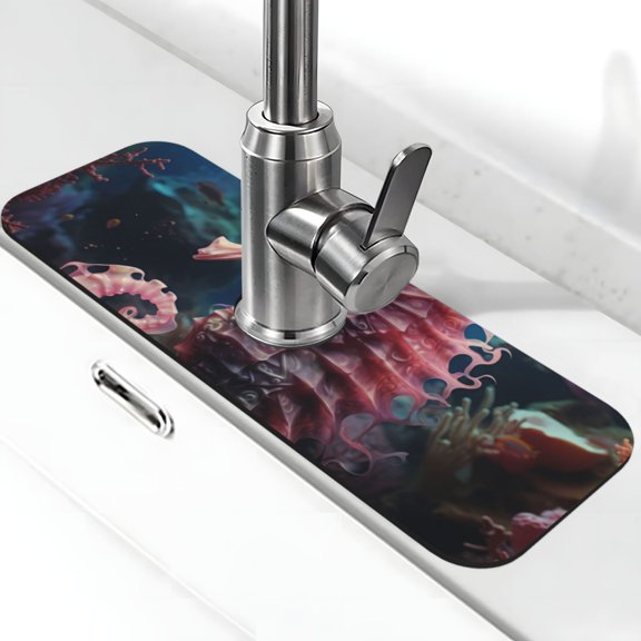 Xecao Ocean Seahorse for Kitchen Sink Splash Guard Faucet Mat , Faucet Guard & Draining mat, (15" X 5.5" )