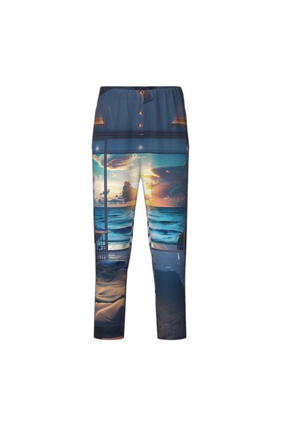 Ocean View Bedroom Print Teenagers' Pajama Pants Long Sleep Pants Soft Elastic Waist Pajama Bottoms Elastic waist with 2 Pockets 5-16 Years-Large