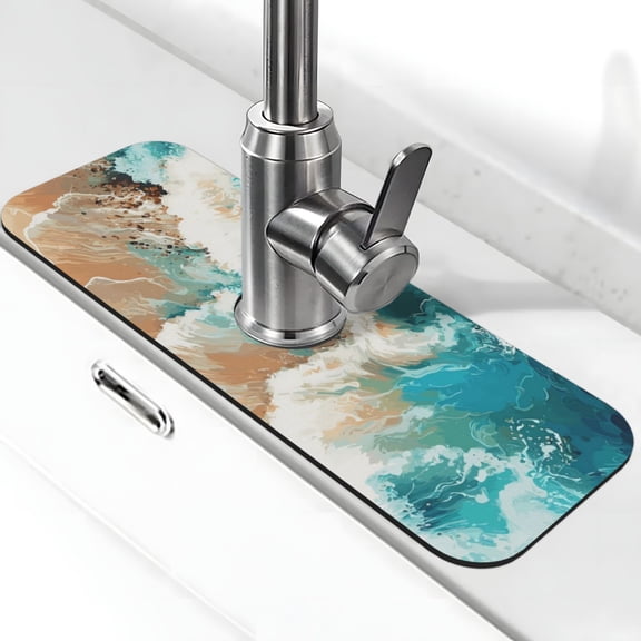 Xecao Ocean Wave Crash for Kitchen Sink Splash Guard Faucet Mat , Faucet Guard & Draining mat, (15" X 5.5" )