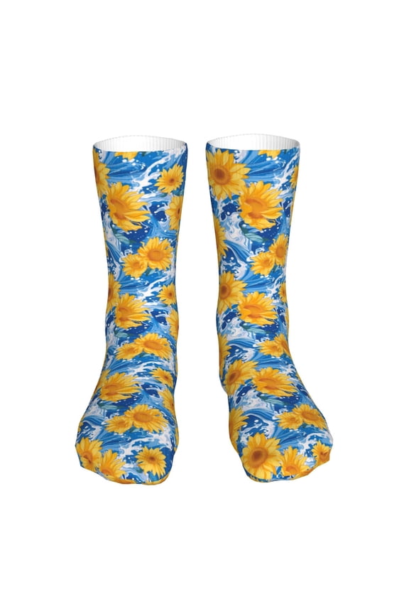Ocean Wave Sunflower Print Fashion No Heel Casual Crew Socks Cushioned Breathable for Men Women - Moisture wicking,Not easy to fade Suitable for daily