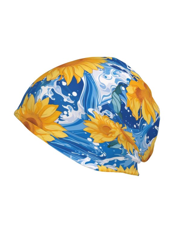 Ocean Wave Sunflower Print Knit Hat,Winter Beanie for Men Women, Beanie Soft Warm Ski Stocking Cuffed Cap
