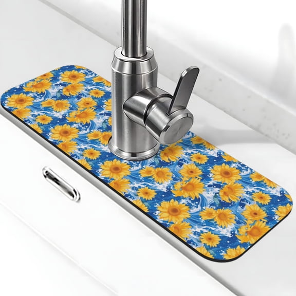 Xecao Ocean Wave Sunflower for Kitchen Sink Splash Guard Faucet Mat , Faucet Guard & Draining mat, (15" X 5.5" )