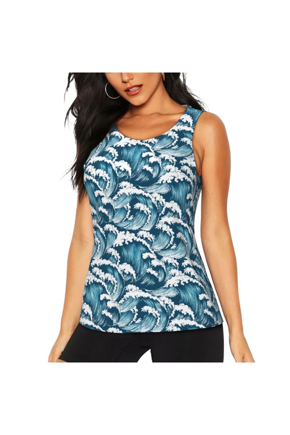 Ocean Waves Print Women's Scoop Neck, Loose-Fit Workout Tank Tops for The Gym,Sleeveless T-shirt-XX-Large