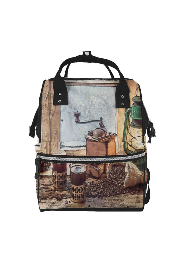 Oil Lamp Coffee Beans print Large Capacity Nappy Bag is a multi-functional waterproof travel backpack, perfect as a nursing bag or mummy backpack for women