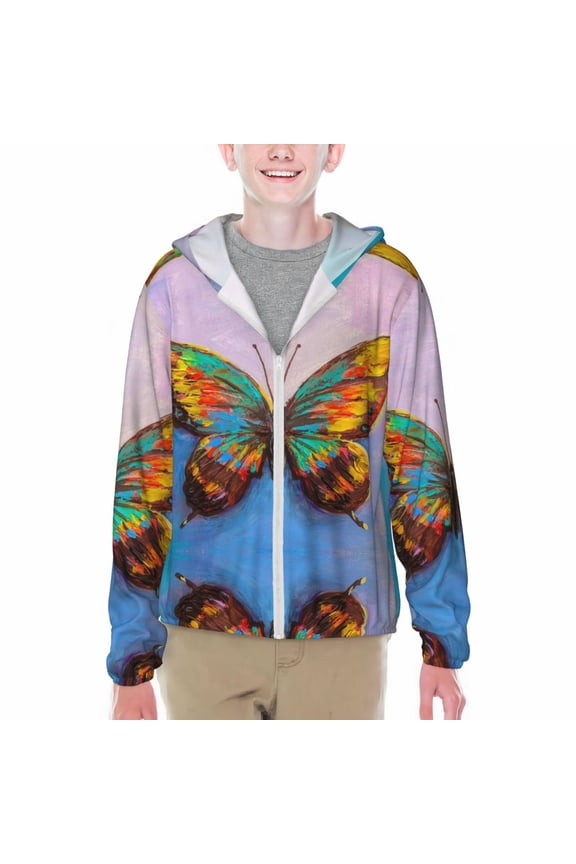 Oil Painting Beautiful Butterfly Print Fishing Shirts for teenager Long Sleeve UV Sun Protection Hoodie with Zipper Outdoor Hiking Shirts-Small