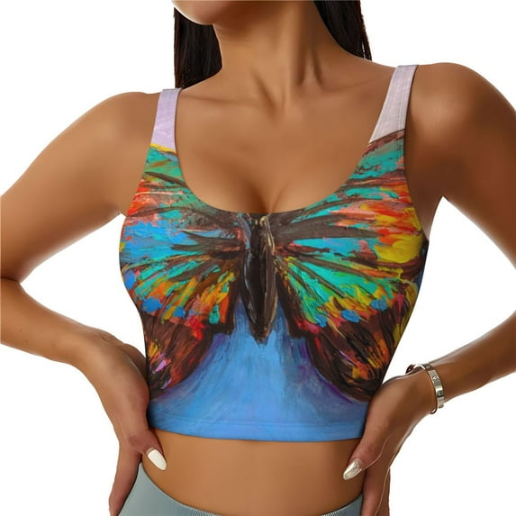 Xecao Oil Painting Beautiful Butterfly for Sports Bra with Removable Pads, Crop Tank Top Design, Women's Longline Sports Bra - Non-Wired - XX-Large