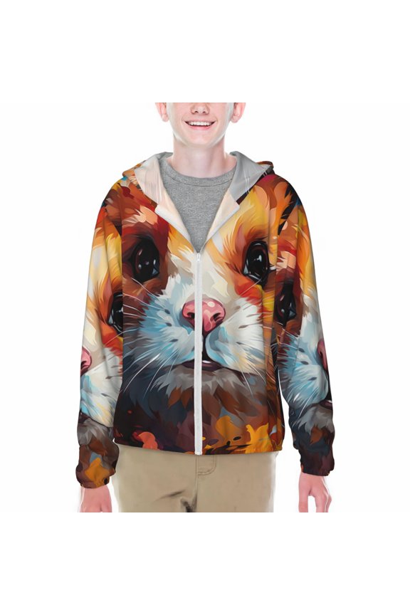Oil Painting Colorful Hamster Print Fishing Shirts for teenager Long Sleeve UV Sun Protection Hoodie with Zipper Outdoor Hiking Shirts-Large