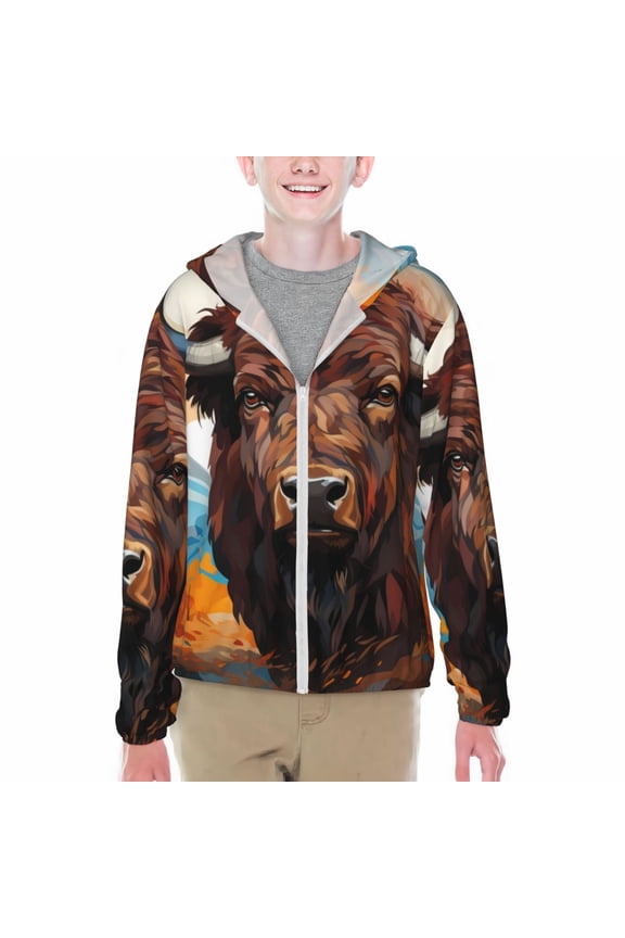 Oil Painting Style Iceberg Yak Print Fishing Shirts for teenager Long Sleeve UV Sun Protection Hoodie with Zipper Outdoor Hiking Shirts-XX-Large