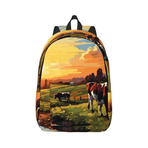Xecao Oil Painting Style Pasture Cow for Canvas College Laptop Backpack, Durable Rucksack Travel Notebook Bag School Backpack Book Bag for Men Women