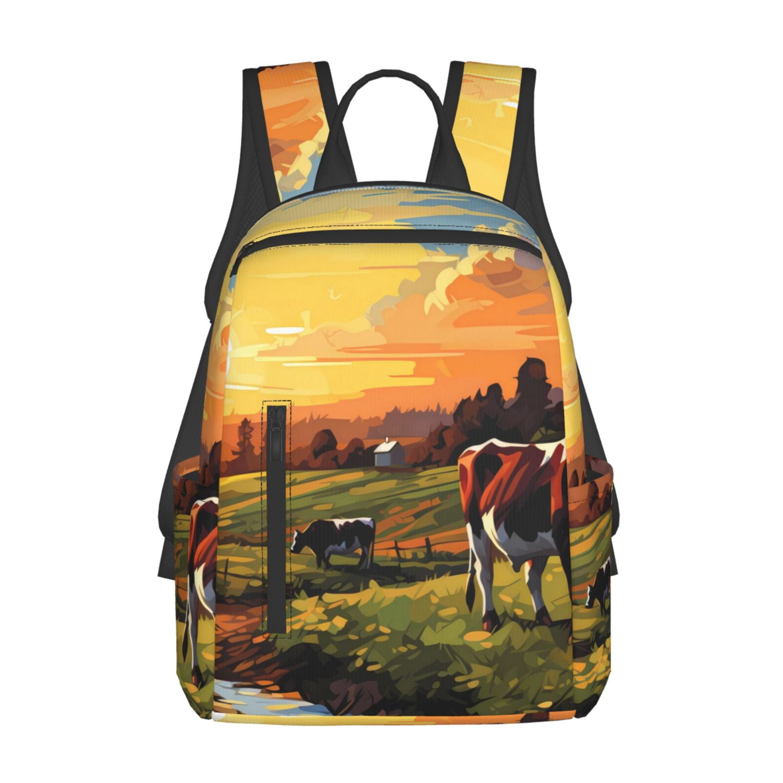 Xecao Oil Painting Style Pasture Cow print Backpack For women men Aesthetic Lightweight Travel Daypack Simple Cute Backpack For Bookbag