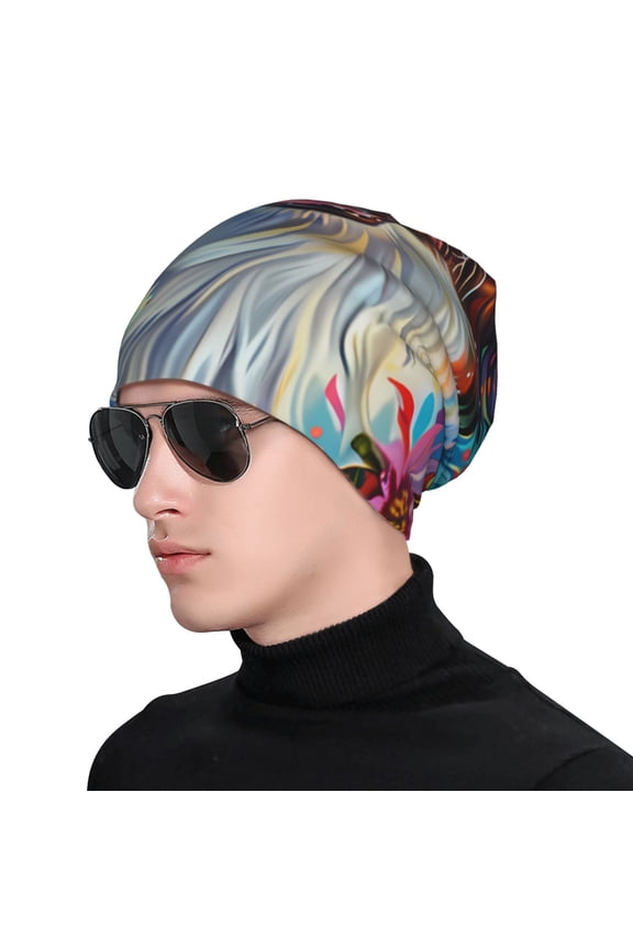 Oil Painting Sunflower Puppy Print Beanie Knitted Hat for Men Women, Winter Fashion Knit Cuffed Caps Unisex