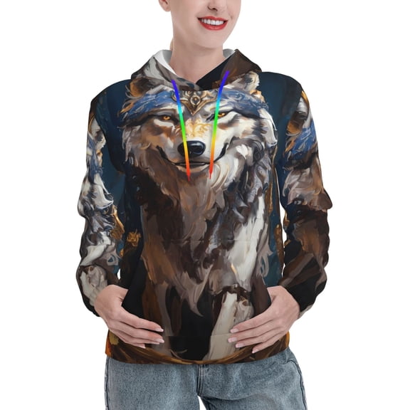 Xecao Oil Painting Tribal Wolf Pattern Hoodies for Women Sweatshirts Long Sleeve Sweatshirts Pullover Outfits with Pocket-Medium