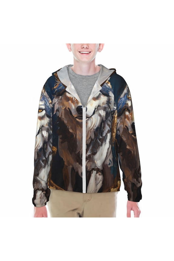 Oil Painting Tribal Wolf Print Fishing Shirts for teenager Long Sleeve UV Sun Protection Hoodie with Zipper Outdoor Hiking Shirts-Large